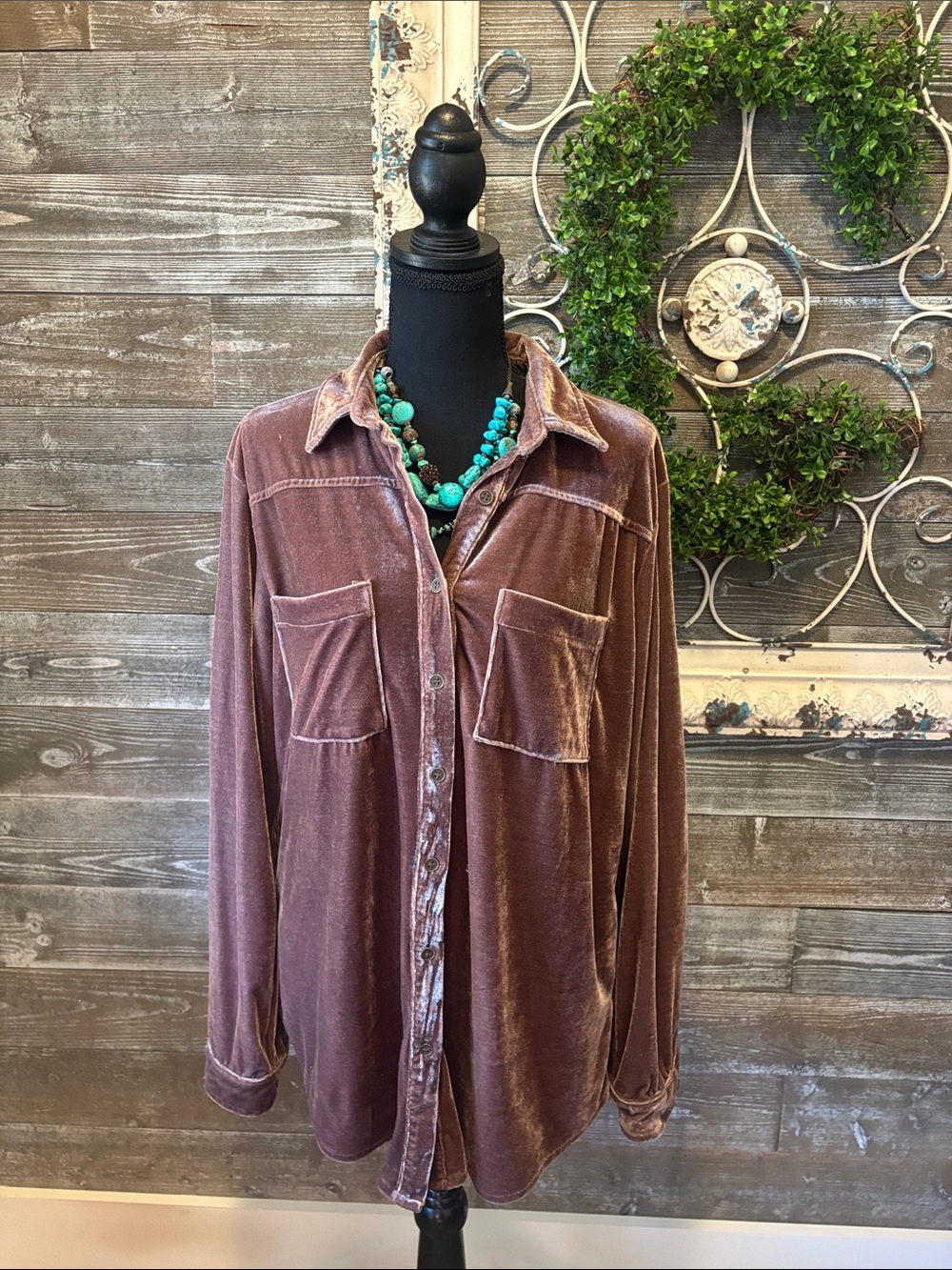 Umgee (Size XL) Toffee Brown Boho Velour Button Up